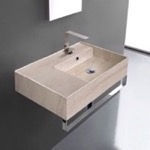 Scarabeo 5117-E-TB Beige Travertine Design Ceramic Wall Mounted Sink With Counter Space, Towel Bar Included